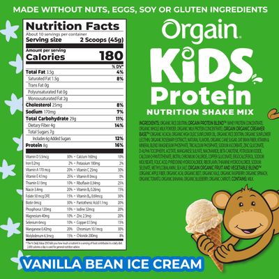 Orgain Kids Protein Powder Shake Mix, Vanilla Bean Ice Cream - 8g Grass-Fed Dairy Protein, 4g Fiber, 22 Vitamins &amp; Minerals, Gluten Free, No Soy Ingredients, Adds Healthy Nutrients to Kids Snacks, 1lb