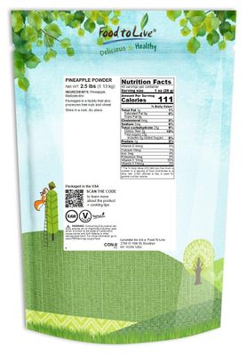 Food to Live Pineapple Powder, 2.5 Pounds - Raw Dried Fruit, Unsulfured, Vegan, Bulk, Great for Baking, Juices, Smoothies, Yogurts, and Instant Breakfast Drinks, Contains Maltodextrin, No Sulphites