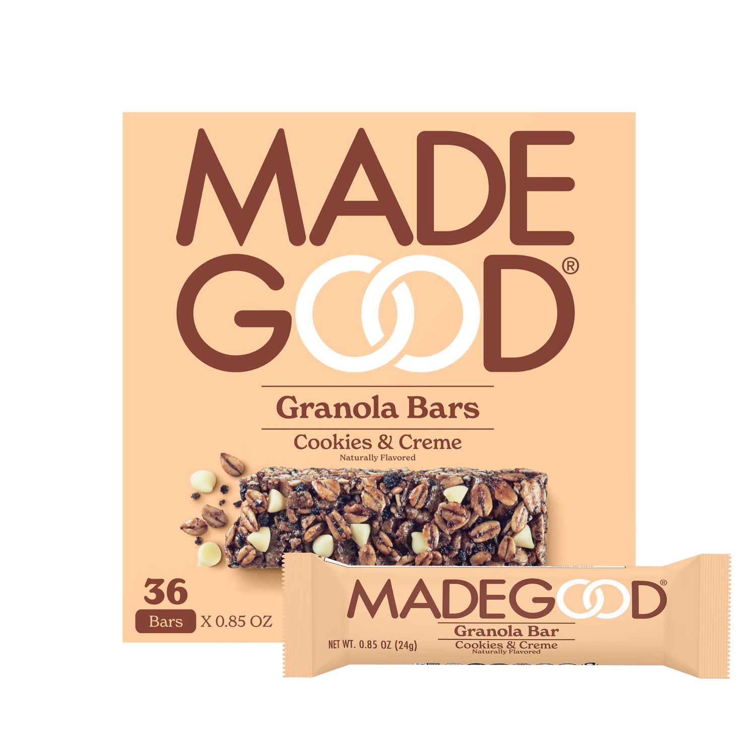 MadeGood Cookies &amp; Creme Granola Bars (36 Count, 0.85oz Each) Contain Nutrients from Vegetables, Gluten Free