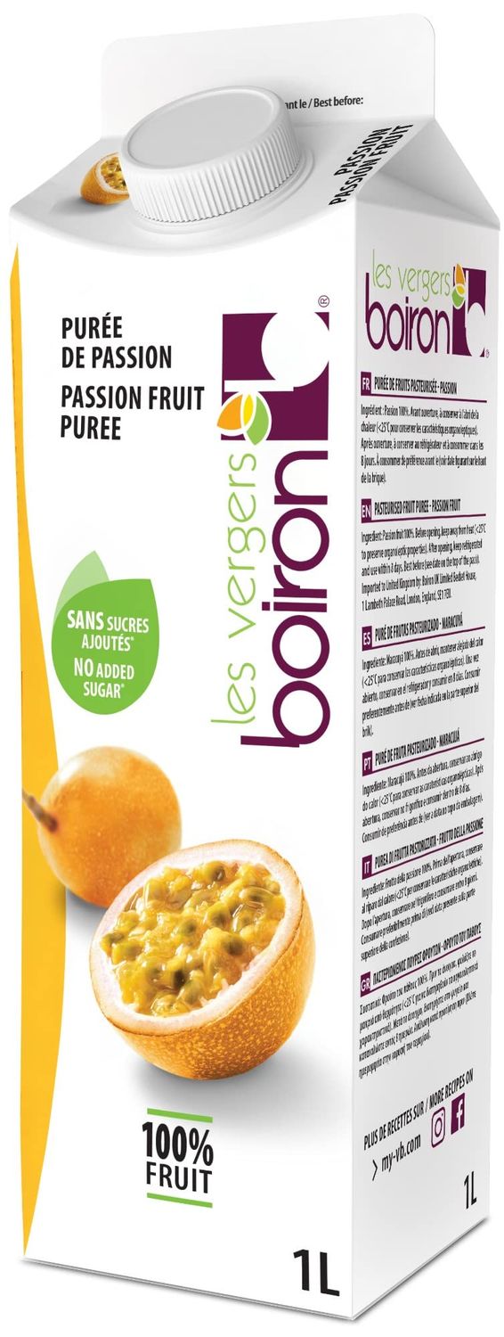Les Vergers Boiron Passion Fruit Puree, 100% Fruit, All Natural, No Added Sugar, Non-GMO, No Preservatives, No Added Flavors, Vegan, For Beverages &amp; Cocktails, 1 Liter, 33.8 Fl Oz (Pack of 1)