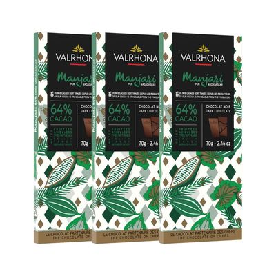 Valrhona Dark Chocolate MANJARI, 64% Cacao Tasting Bars - Gourmet French Chocolate, Tangy and Fruity Notes. Single Origin Madagascar. Premium Couverture, The Perfect Baking Bar 70g (Pack of 3)