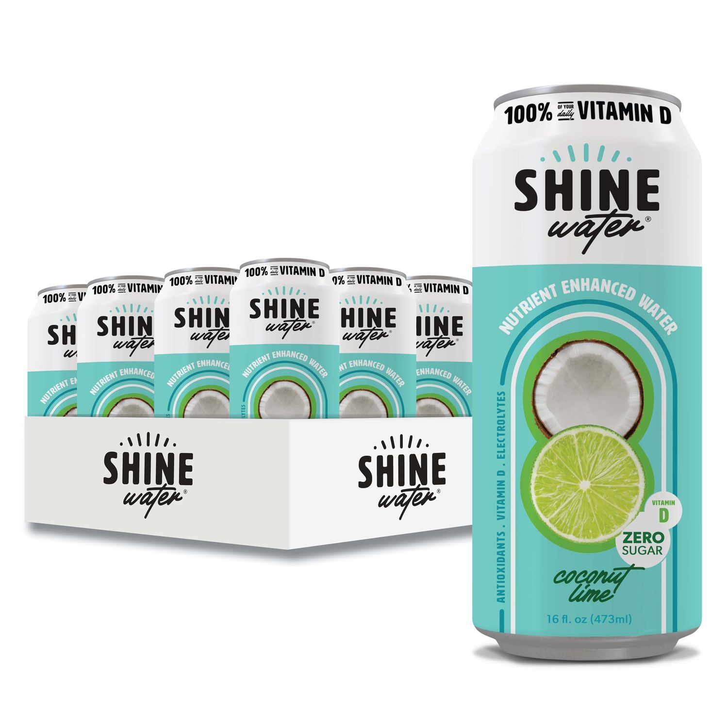 ShineWater Vitamin D Hydration Electrolyte Drink, Coconut Lime 12 Pack, Sugar Free Naturally Flavored Water, Magnesium, Zinc, Vitamin B12, Folic Acid, Plant Based Antioxidants, Low Calorie