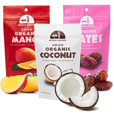 Mavuno Harvest Organic Dried Fruit Variety Pack | Dried Mango, Coconut, and Dates | Healthy, Vegan, No Sugar Added, Non GMO Snacks for Kids &amp; Adults | 2 Ounce, Pack of 3