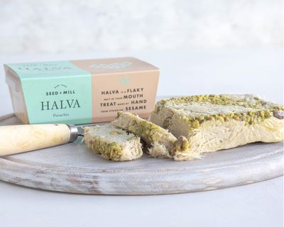 Seed + Mill - Halva - Pistachio - Vegan, Kosher &amp; Gluten Free; Enjoy This Soft, Fudgelike Candy Made from Sesame Paste &amp; Pistachios - Great for Snacking or as a Dessert - 8 oz