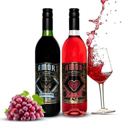 Amor Vines 100% Natural Unfiltered Pure Ros &amp; Concord Grape Juices - No Water Added, Preservative Free, Non-Alcoholic - 750ml Glass Bottle - Pack of 2