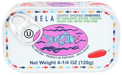 Bela Lightly Smoked Sardines in Organic Extra Virgin Olive Oil with Piri Piri  12 pack