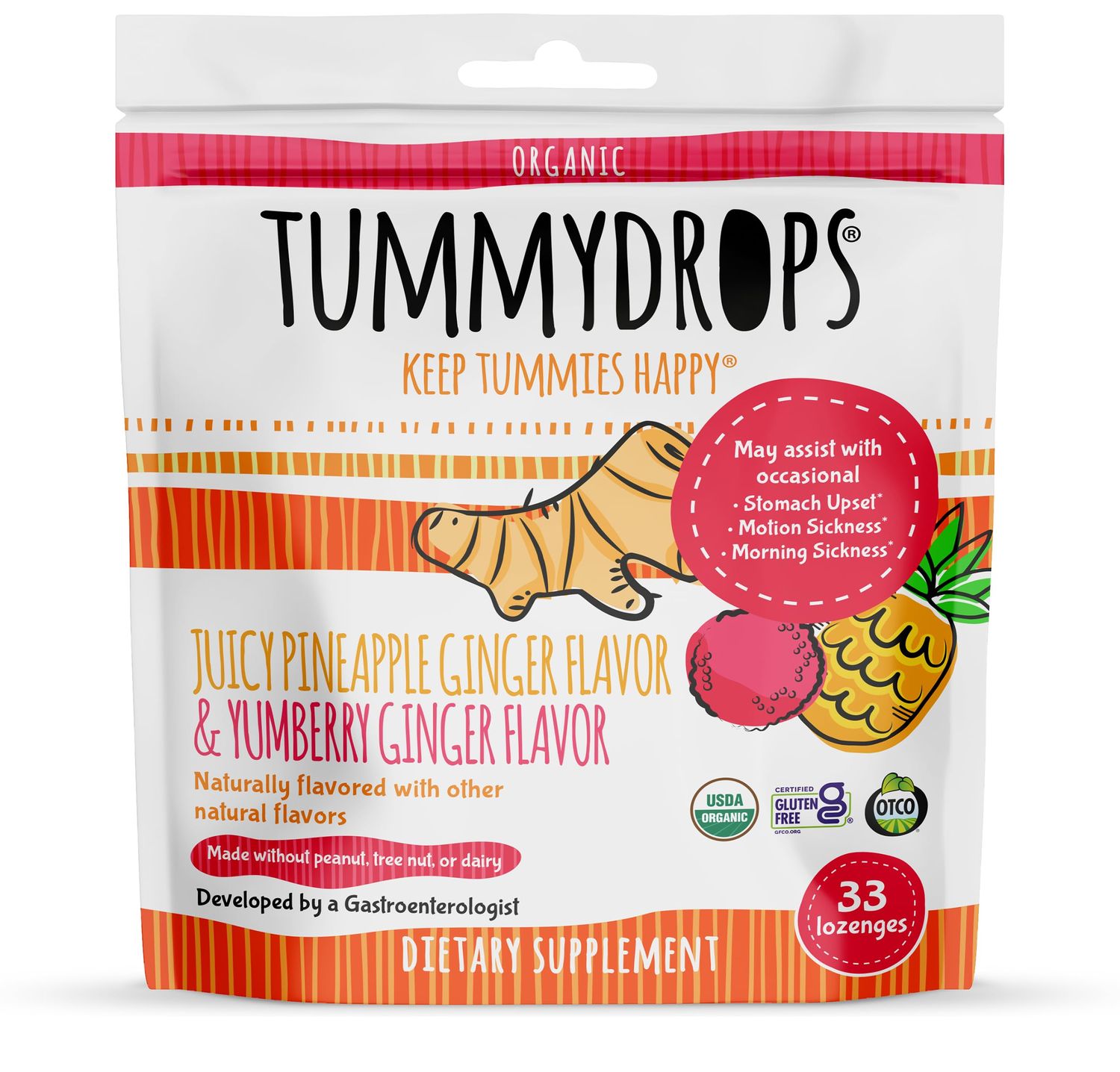 Tummydrops USDA Organic Ginger Variety Pack (Mix of Pineapple &amp; yumberry). Gluten Free &amp; Vegan. 33 Individually Wrapped Organic Ginger Lozenges.