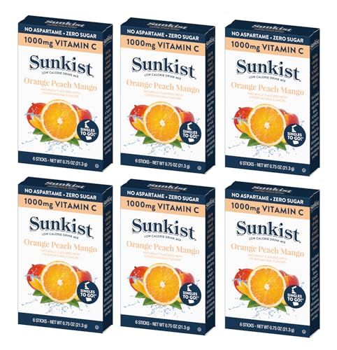 Sunkist Orange Peach Mango Singles to Go | 6 Boxes - 36 Flavor Packets of Sugar Free Vitamin C Drink Mix Powder