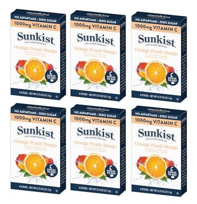 Sunkist Orange Peach Mango Singles to Go | 6 Boxes - 36 Flavor Packets of Sugar Free Vitamin C Drink Mix Powder