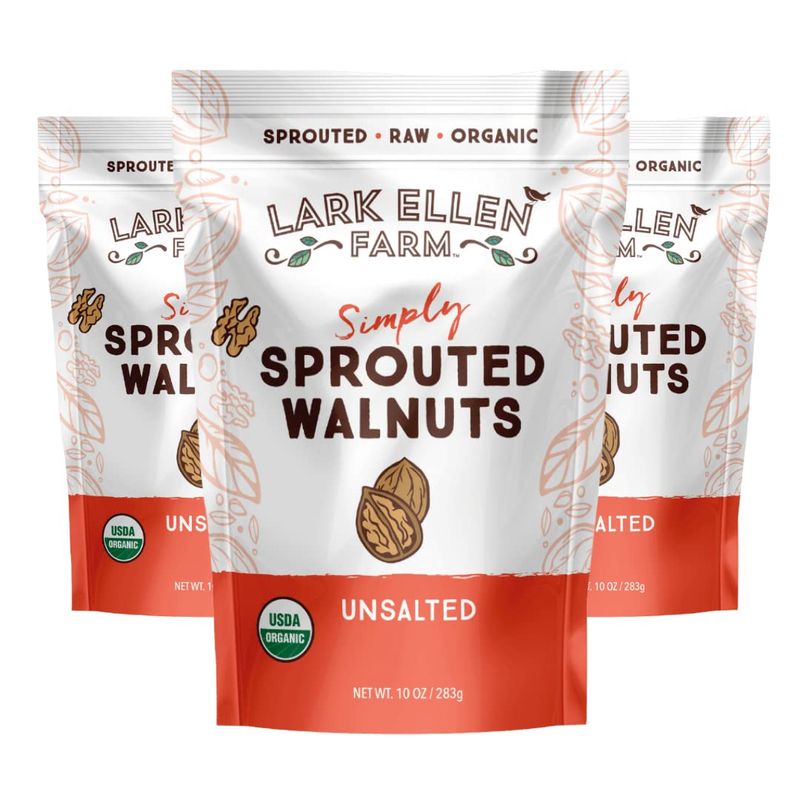 Lark Ellen Farm Unsalted Walnuts, Raw Sprouted Healthy Snack, Keto, Certified USDA Organic, Gluten-Free, Vegan, Individual Whole Nuts (10 Oz, 3 Pack)