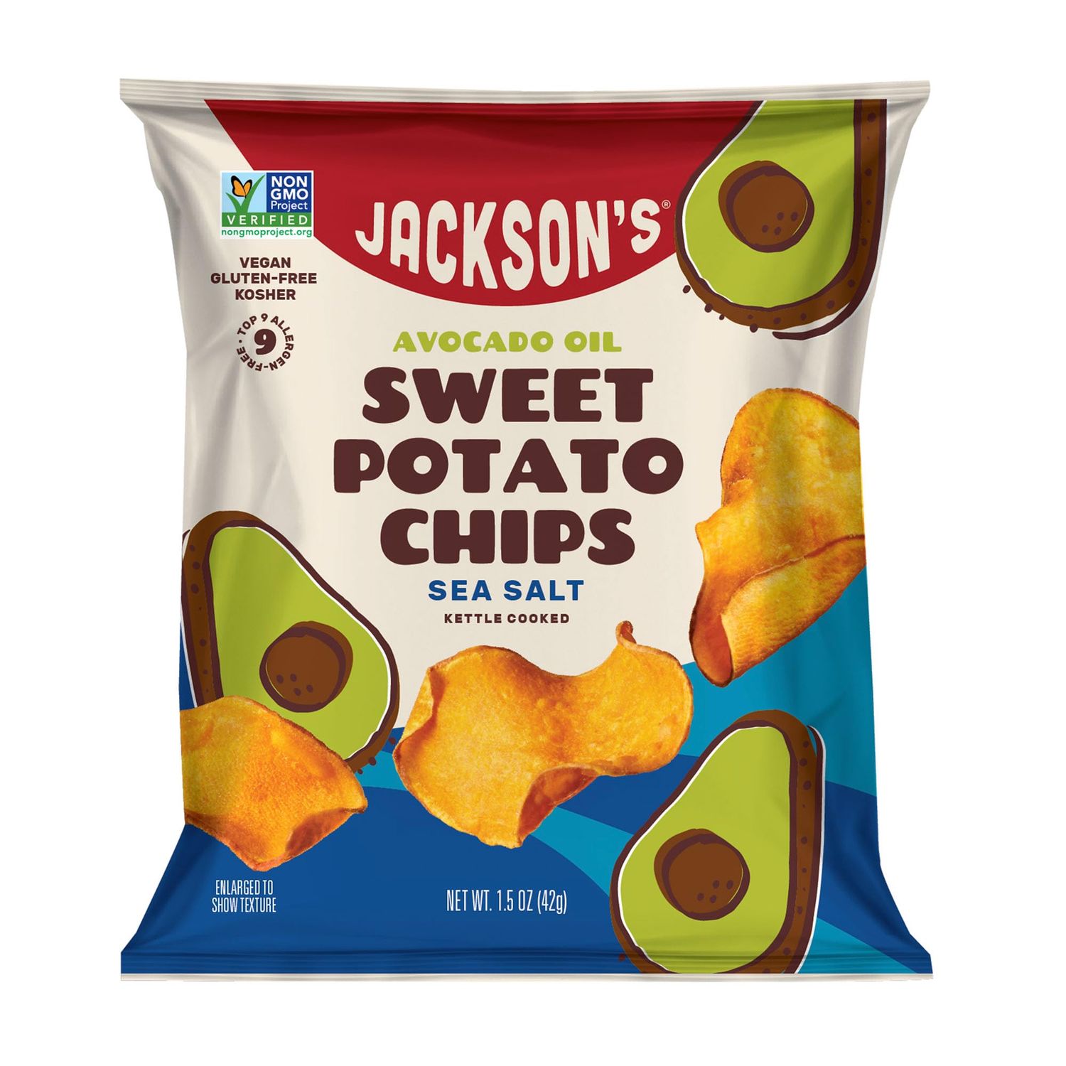 Jacksons Sweet Potato Kettle Chips with Sea Salt made with Premium Avocado Oil (1.5 oz, Pack of 10) - Allergen-friendly, Gluten Free, Peanut Free, Vegan, Paleo Friendly - Shark Tank Product