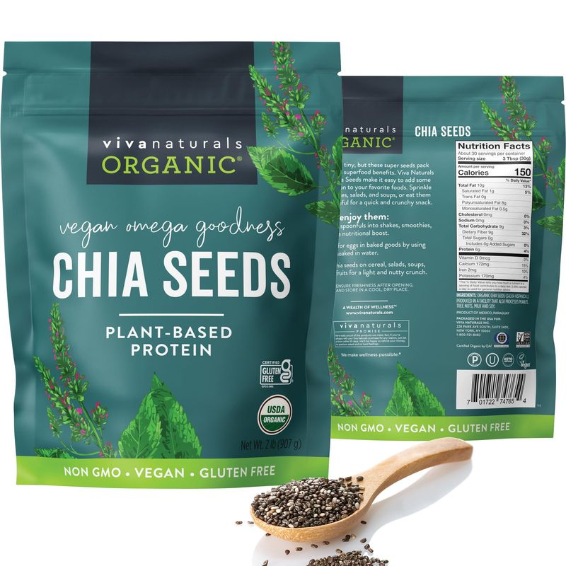 Viva Naturals Organic Chia Seeds 2 LBs - Plant-Based Omega-3 and Vegan Protein, Non-GMO Chia Seeds Organic Perfect for Smoothies, Salads and Chia Seed Pudding, Black Chia Seeds Bulk