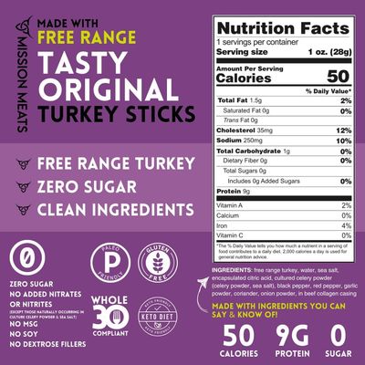 Mission Meats Turkey Sticks - Free Range, Gluten Free, Whole 30, Paleo, Keto Meat Sticks, Sugar Free Jerky Turkey Sticks Individually Wrapped, 1oz (Original, Pack of 12)