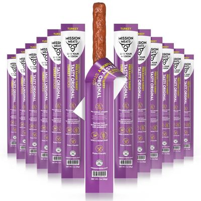 Mission Meats Turkey Sticks - Free Range, Gluten Free, Whole 30, Paleo, Keto Meat Sticks, Sugar Free Jerky Turkey Sticks Individually Wrapped, 1oz (Original, Pack of 12)