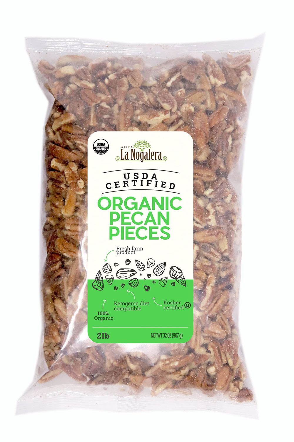 La Nogalera Organic - USDA and CCOF Certified Organic Pecan Pieces in 2 pound bag. Chopped Pecan Nuts, NO SHELL, Non-GMO, Kosher and Halal Certified and Ketogenic friendly