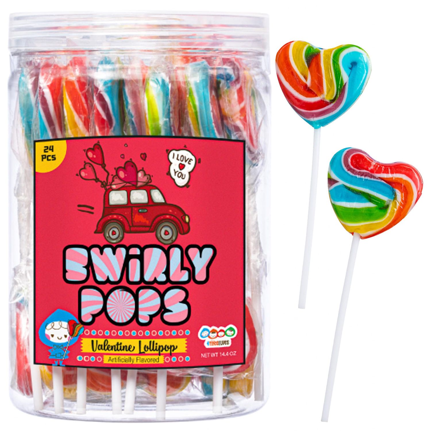 Heart Rainbow Lollipops Individually Wrapped Bursting with Fruity Flavor Great Swirl Lollipops for Kids Birthday Parties Valentines Lollipop Party Favors and Cake Toppers By 4YoreElves Pack of 24