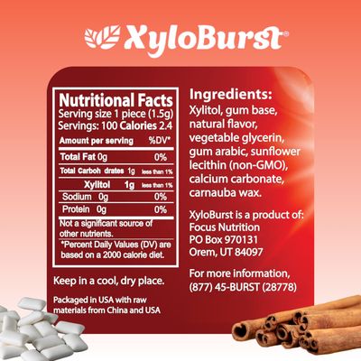 XyloBurst Gum | Xylitol Chewing Gum | Sugar Free, Gluten Free, Keto Friendly | Aspartame Free Gum For Oral Health | Cinnamon | 100-Count Jar
