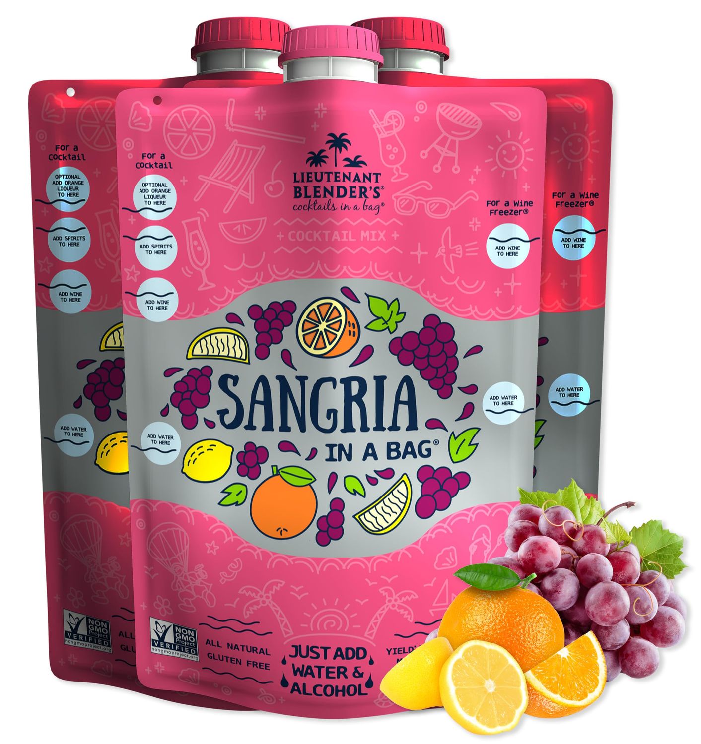 Lt. Blender&#39;s Sangria in a Bag - Wine Slushie Mixes - Each Bag Makes 1/2 Gallon of Frozen Red Sangria Mix - Non-GMO Wine Freezer Mix - Make with Wine, Liquor or as a Mocktail - (Pack of 3)