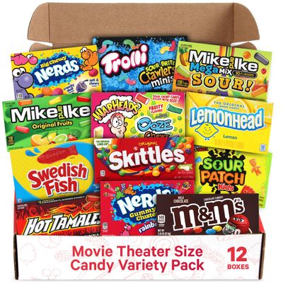 Movie Theater Candy Variety Pack - Candy Box of Skittles, M&amp;Ms Milk Chocolate, SourPatch Swedish Fish, Trolli Sour Brits Mini, Gummies and More,12 Count