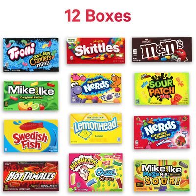 Movie Theater Candy Variety Pack - Candy Box of Skittles, M&Ms Milk Chocolate, SourPatch Swedish Fish, Trolli Sour Brits Mini, Gummies and More,12 Count