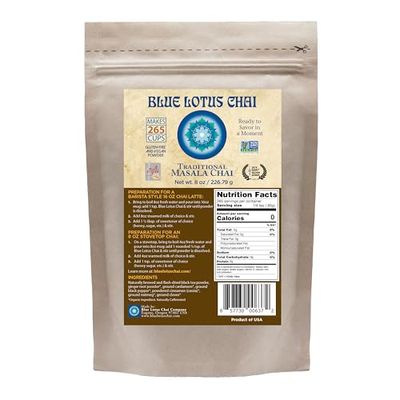 Blue Lotus Chai - Traditional Masala Chai - Makes 265 Cups - Just Add Hot Water, No Steeping, No Gluten - 8 Ounce Masala Spiced Chai Powder with Organic Spices - Authentic Indian Tea