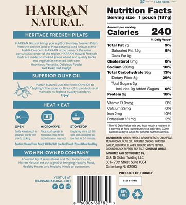 Harran Natural Whole Grain Freekeh Pilaf 187 g Plant Based Protein Meal in Microwavable Heat  Eat Pouch  Low GI Index Farik  Vegan Superfood with Chickpea Mushroom Olive Oil