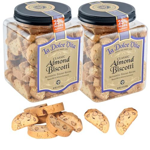 Nonni&#39;s La Dolce Vita Almond Biscotti - 2 Tubs - 34oz of Biscotti Italian Cookies - Italian Biscotti Cookies - Biscotti Jar - Biscotti Packed w/California Whole Almonds - Perfect w/Coffee - Kosher