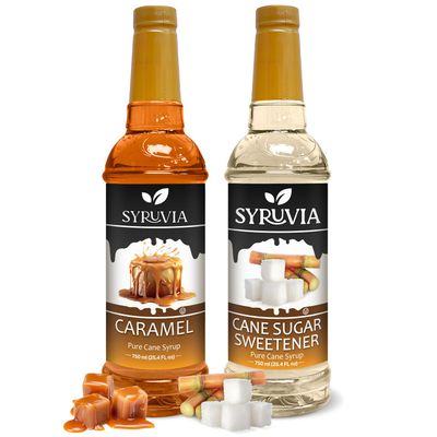 Syruvia Coffee Syrup Variety Pack - Caramel &amp; Cane Sugar Sweetener - Gluten-Free, Kosher, 25.4 fl oz Bottles - Enhance Your Coffee Experience with Premium Flavoring Syrups