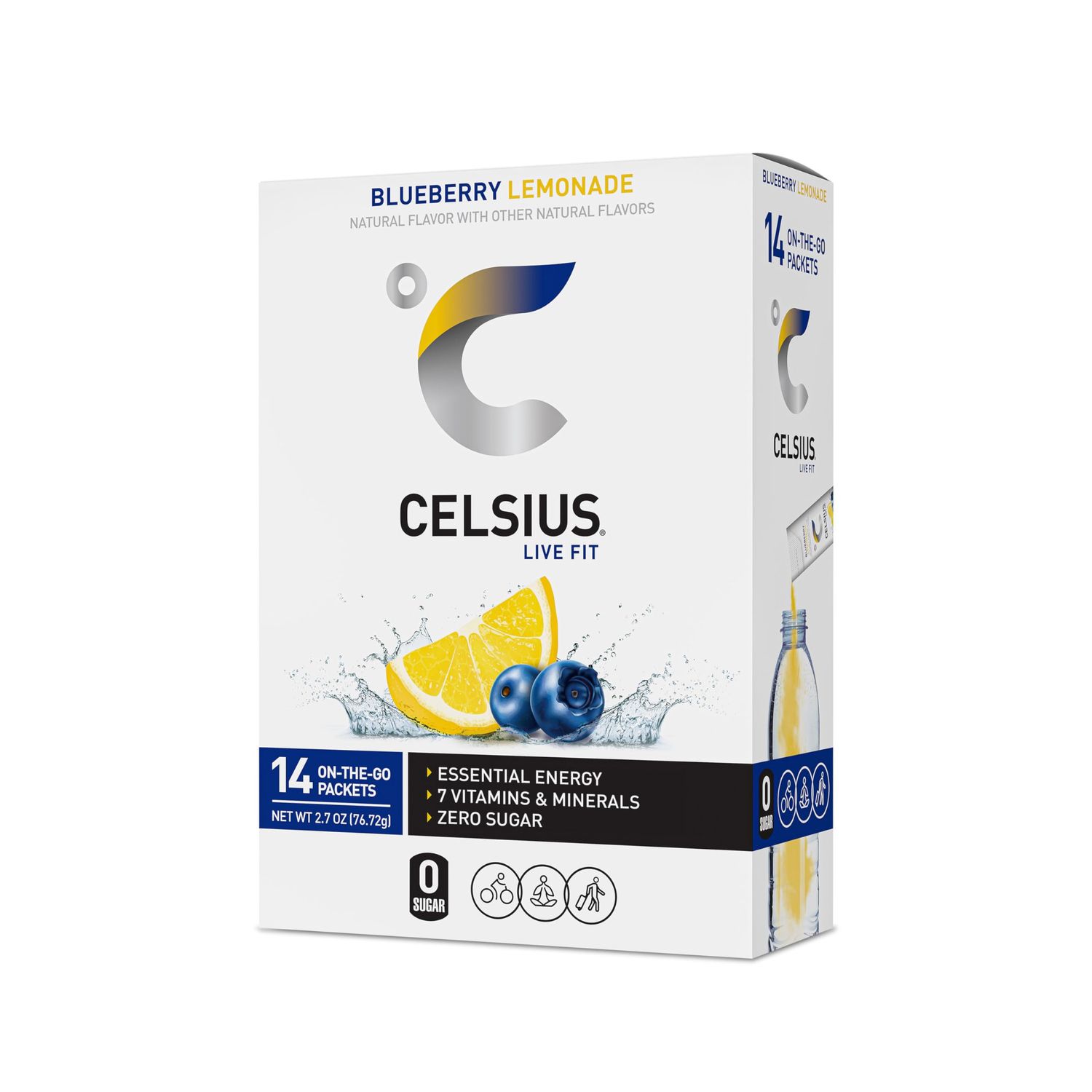 CELSIUS On-the-Go Powder Sticks Blueberry Lemonade, Essential Energy 2.6 Oz (14 Sticks per Pack)