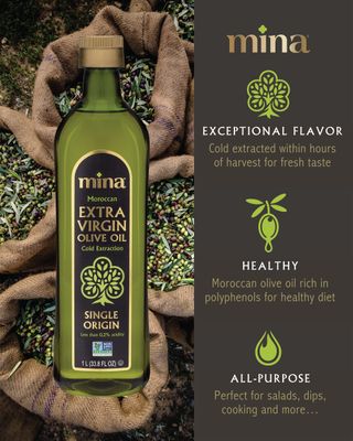 Mina Olive Oil Extra Virgin 33.8 Fl Oz, New Harvest, Polyphenol Rich Olive Oil for Cooking, Moroccan Extra Virgin Olive Oil, Single Origin Olive Oil, Cold Extraction, Less than 0.2% Acidity, 1 L