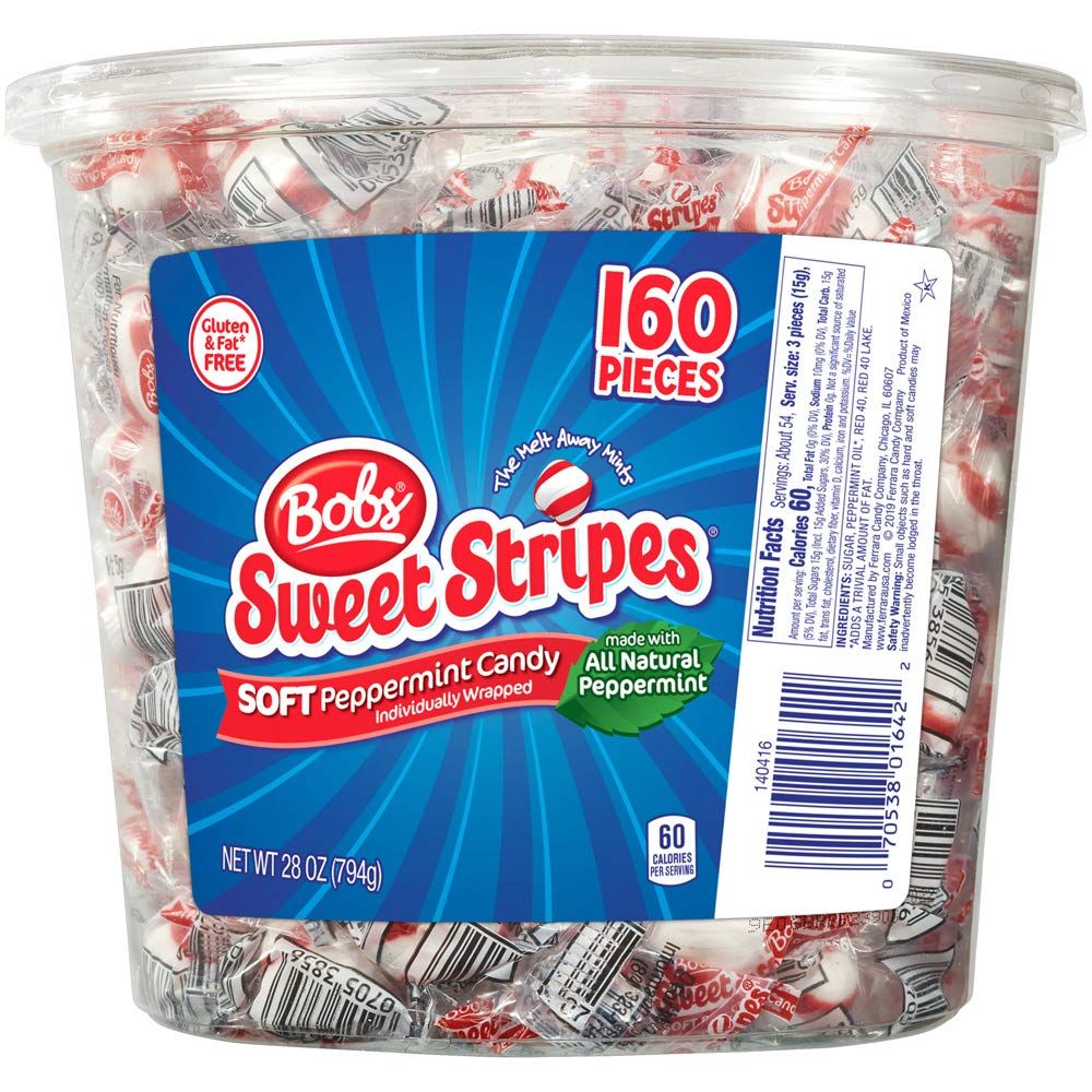 Brach&#39;s Bobs Sweet Stripes Soft Peppermint Candy, 160 Individually-Wrapped Pieces, 28 Ounce Jar