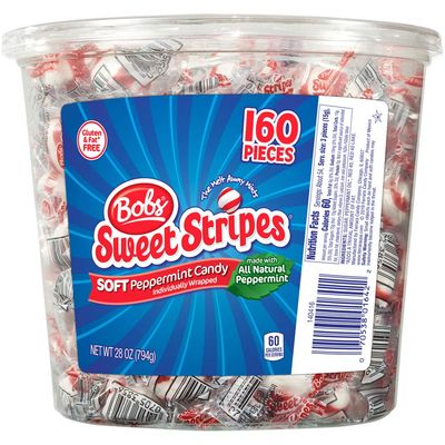 Brach&#39;s Bobs Sweet Stripes Soft Peppermint Candy, 160 Individually-Wrapped Pieces, 28 Ounce Jar