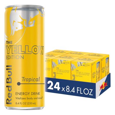 Red Bull Yellow Edition Energy Drink, Tropical, with 80mg Caffeine plus Taurine &amp; B Vitamins, 8.4 Fl Oz, 6 Packs of 4 Cans (Pack of 24)