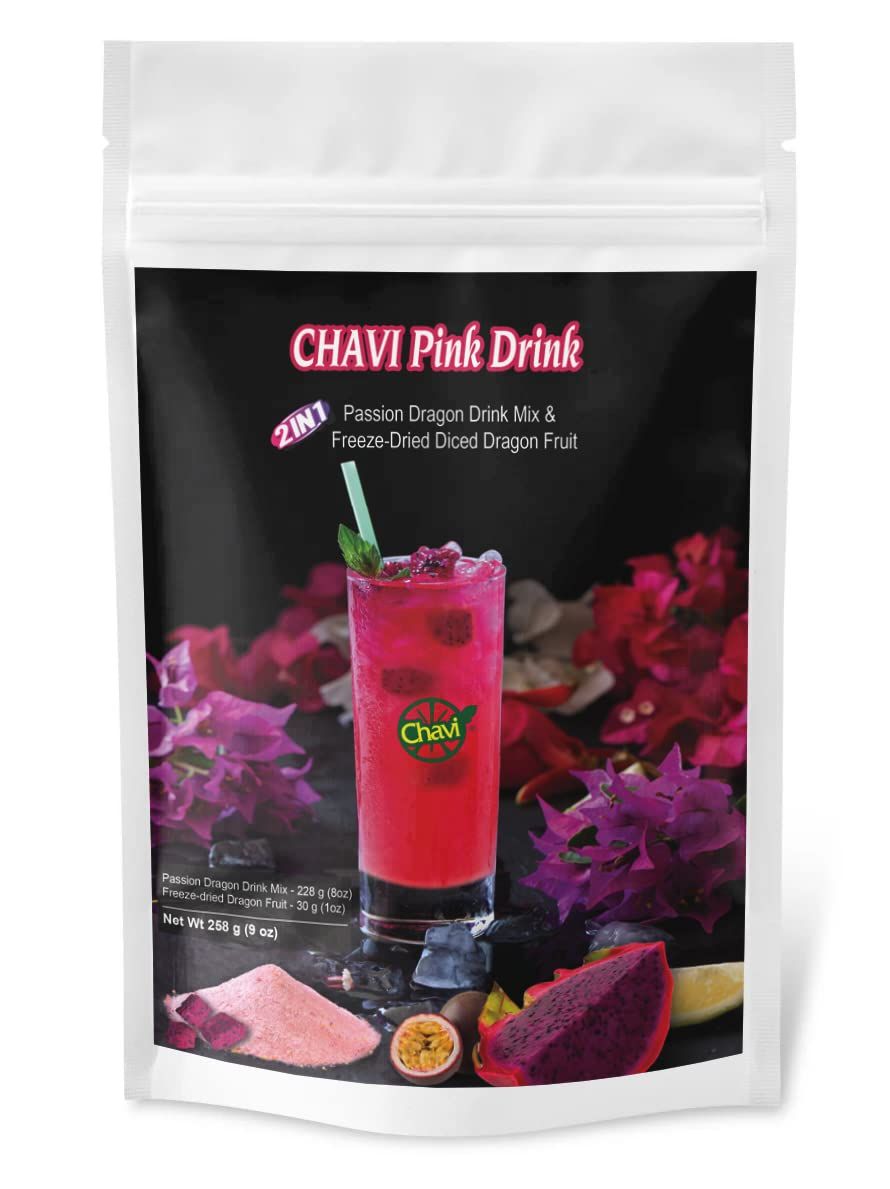 CHAVI Pink Drink - Passion Dragon Fruit Powdered Drink Mix and Freeze-Dried Diced Dragon Fruit Add-on - 2 in 1 package