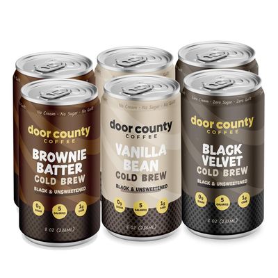 Door County Coffee Ready to Drink Canned Cold Brew Variety Pack - 8oz - 6 Pack - Cold Pressed Coffee, 5 Calories, Bold &amp; Rich, Flavorful, 145mg Natural Caffeine