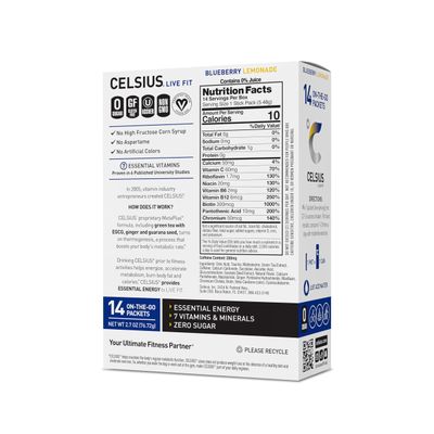 CELSIUS On-the-Go Powder Sticks Blueberry Lemonade, Essential Energy 2.6 Oz (14 Sticks per Pack)