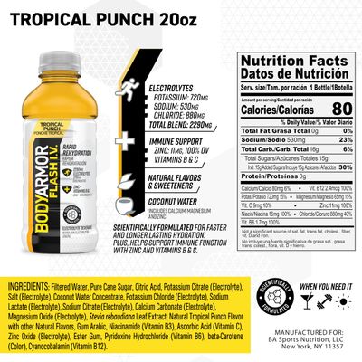 BODYARMOR Flash I.V. Electrolyte Beverage, Tropical Punch, 20 Fl Oz (Pack of 12)