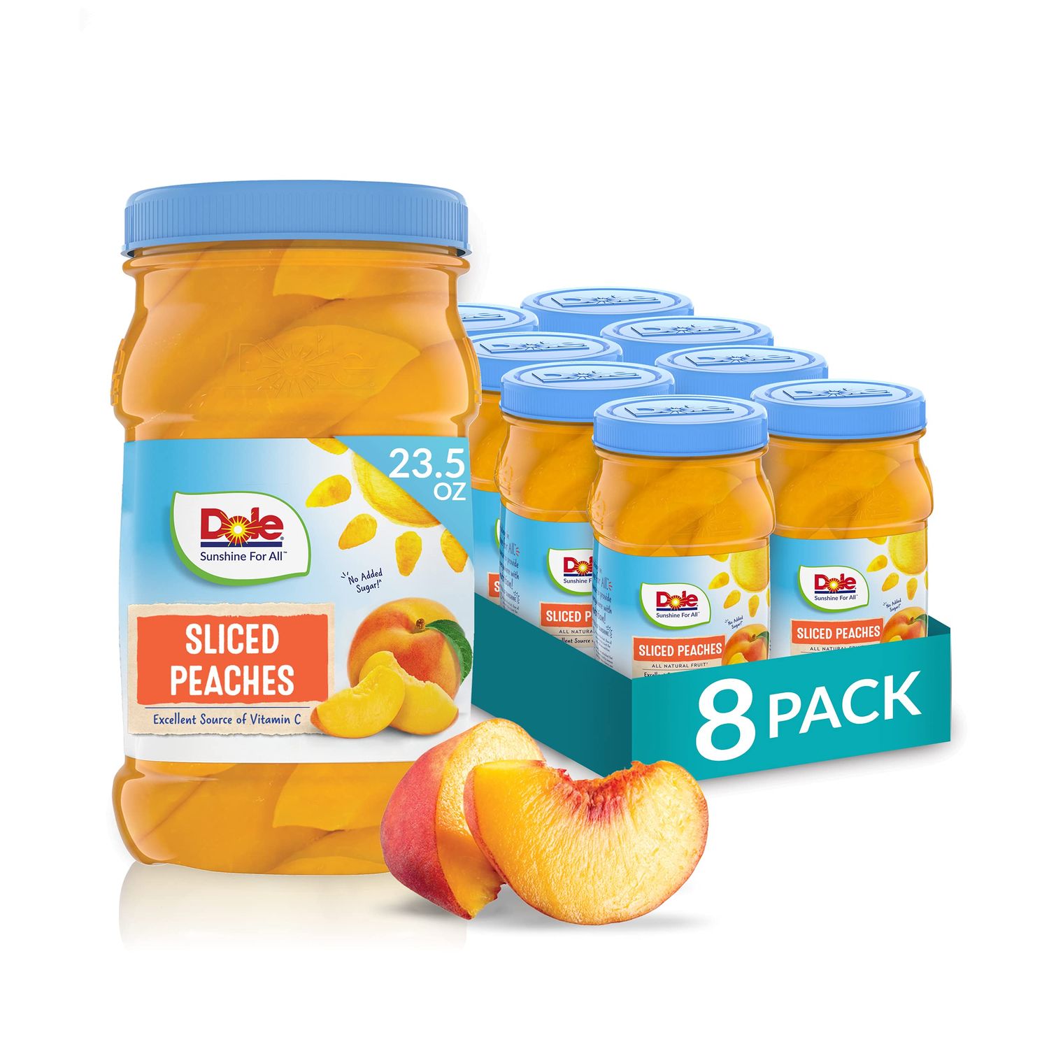 Dole Fruit Jars, Yellow Cling Sliced Peaches in 100% Fruit Juice, Gluten Free, Pantry Staples, 23.5 Oz Resealable Jars, (Pack of 8)
