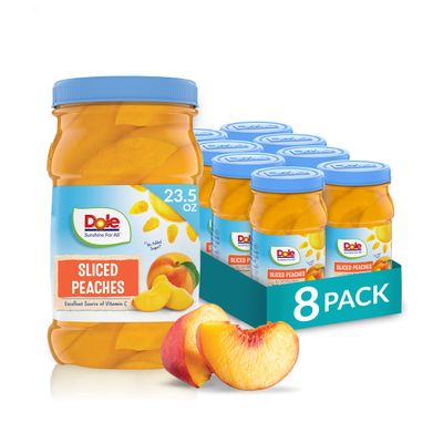Dole Fruit Jars, Yellow Cling Sliced Peaches in 100% Fruit Juice, Gluten Free, Pantry Staples, 23.5 Oz Resealable Jars, (Pack of 8)