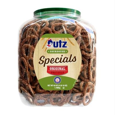 Utz Sourdough Specials Pretzels, Original, 63 oz. Barrel, Classic Pretzel Knot with Rich Sourdough Flavor, Resealable Container, Tasty Party Snack with Zero Cholesterol