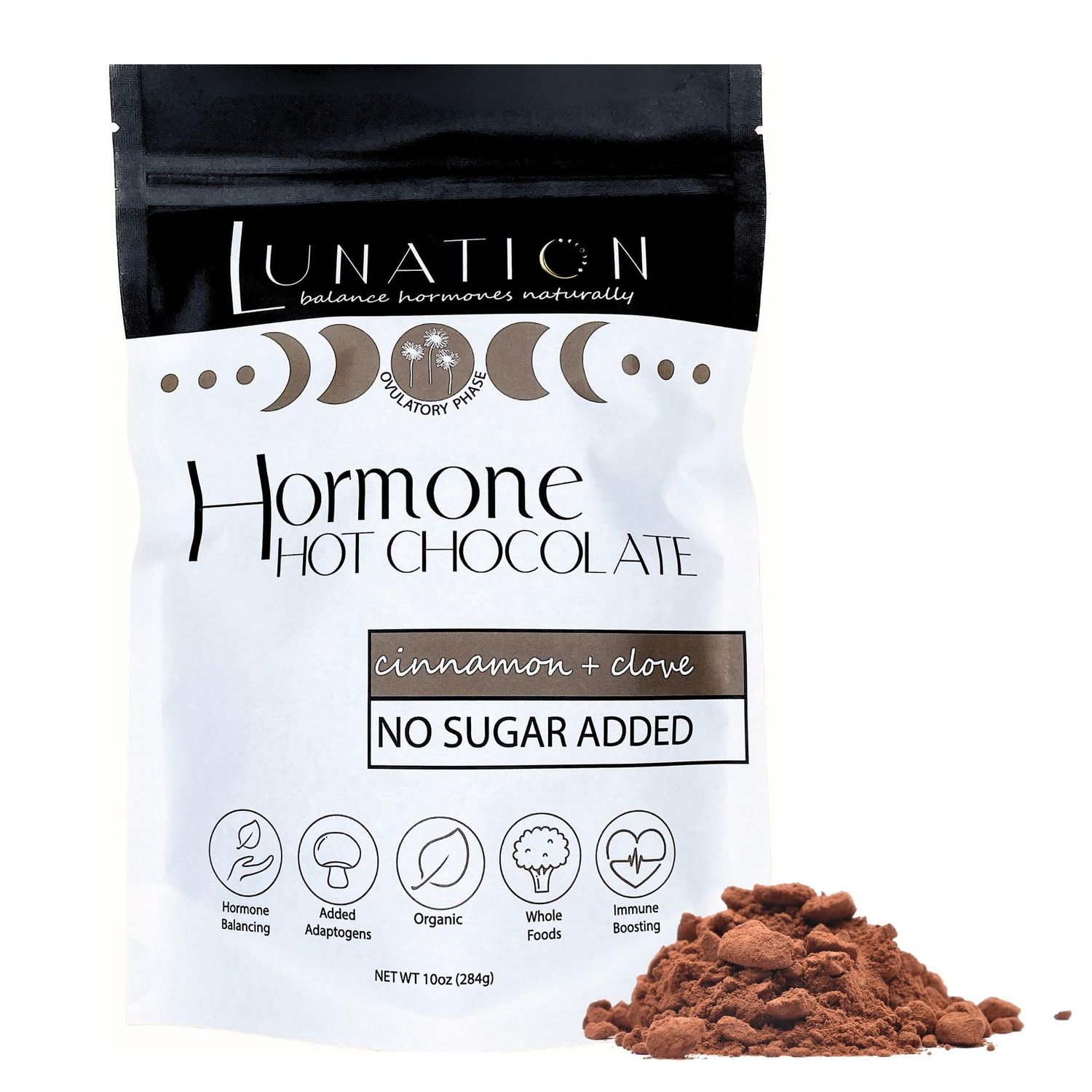 Lunation Hormone Hot Chocolate  Organic Cacao Powder and Supporting Adaptogens  Female Cycle Syncing Ingredients  Maca Turmeric  Shiitake Mushroom  Ovulatory Phase  10 OZ  Pack of 1 Cinnamon  Clove
