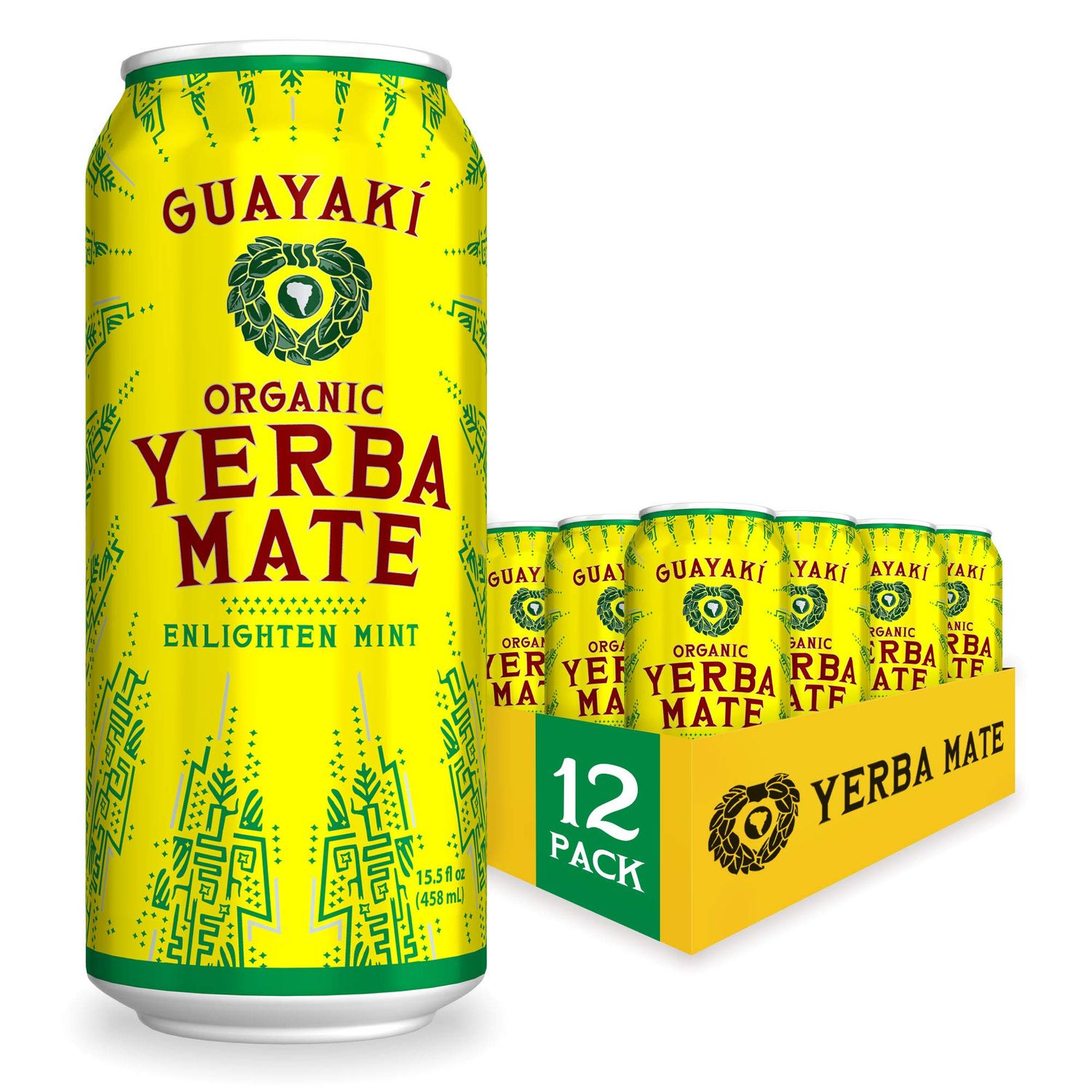 Guayak Yerba Mate, Energy Drink Alternative, Organic Enlighten Mint Flavor, 15.5 Oz (Pack of 12), 150mg Natural Caffeine, Smooth Energy &amp; Focus