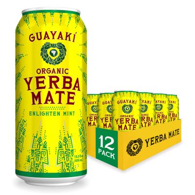 Guayak Yerba Mate, Energy Drink Alternative, Organic Enlighten Mint Flavor, 15.5 Oz (Pack of 12), 150mg Natural Caffeine, Smooth Energy &amp; Focus