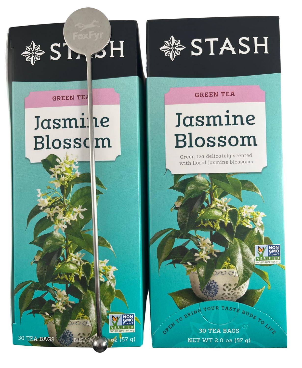 Jasmine Blossom Tea Bundle Includes (2) 30 Bag Count Boxes Of Stash Jasmine Blossom Green Tea, And (1) Premium FoxFyr Reusable Stainless Steel Stir Swizzle Stick.