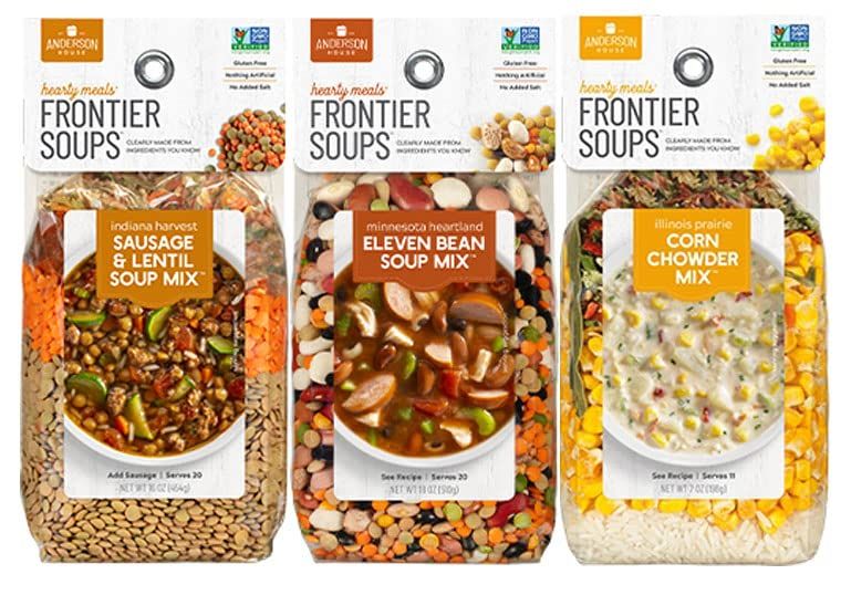 Frontier Soups Hearty Meals 3 Flavor Variety Bundle: (1) Indiana Harvest Sausage &amp; Lentil, (1) Minnesota Heartland 11-Bean and (1) Illinois Prairie Corn Chowder, 16 oz each (3 Bags Total)