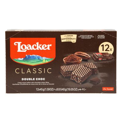 Loacker Classic Double Choc Wafers - Premium Crispy Cocoa Wafer Cookies with Chocolate Cream Filling - Multipack of 12 Snack Packs - NON-GMO - Sustainably Sourced Cocoa - 45g/1.59oz, Pack of 12