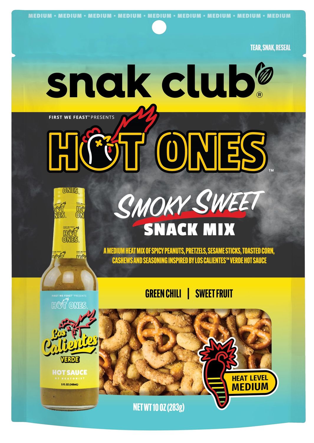 Snak Club x Hot Ones Snack Mix, Smoky Sweet, Spicy Snacks with Peanuts, Pretzels, Sesame Sticks, Toasted Corn, Cashews, Inspired by Hot Ones, Vegan Snack, 10 oz Resealable Bag