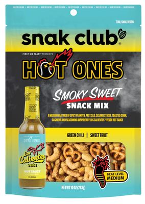 Snak Club x Hot Ones Snack Mix, Smoky Sweet, Spicy Snacks with Peanuts, Pretzels, Sesame Sticks, Toasted Corn, Cashews, Inspired by Hot Ones, Vegan Snack, 10 oz Resealable Bag