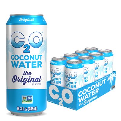 C2O - Coconut Water, The Original Flavor (8 Pack) - Made with Fresh Coconut Water - Plant Based - Non GMO - Canned Water - Natural Hydration, Essential Electrolytes, &amp; Potassium - 8 Cans, 16.3 FL OZ