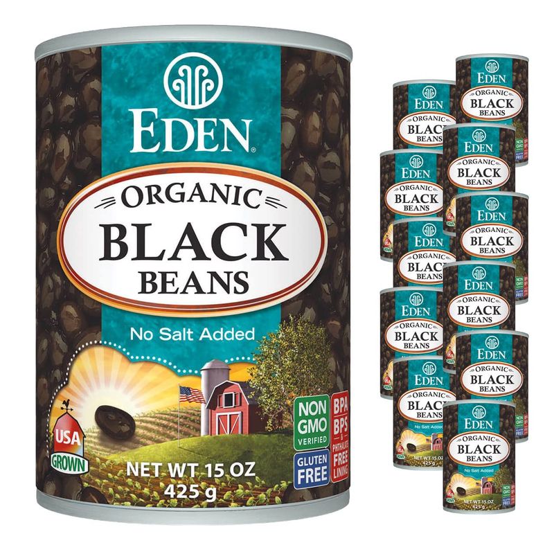 Eden Organic Black Beans, 15 oz Can (12-Pack Case), No Salt Added, Non-GMO, U.S Grown, Heat and Serve, Macrobiotic, Turtle Beans, Frijol Negro, Caviar Criollo